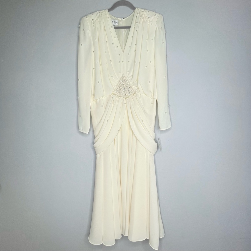PIA RUCCI Vintage Off-White Ruched Crepe Beaded V-Neck Long Sleeve Midi Dress